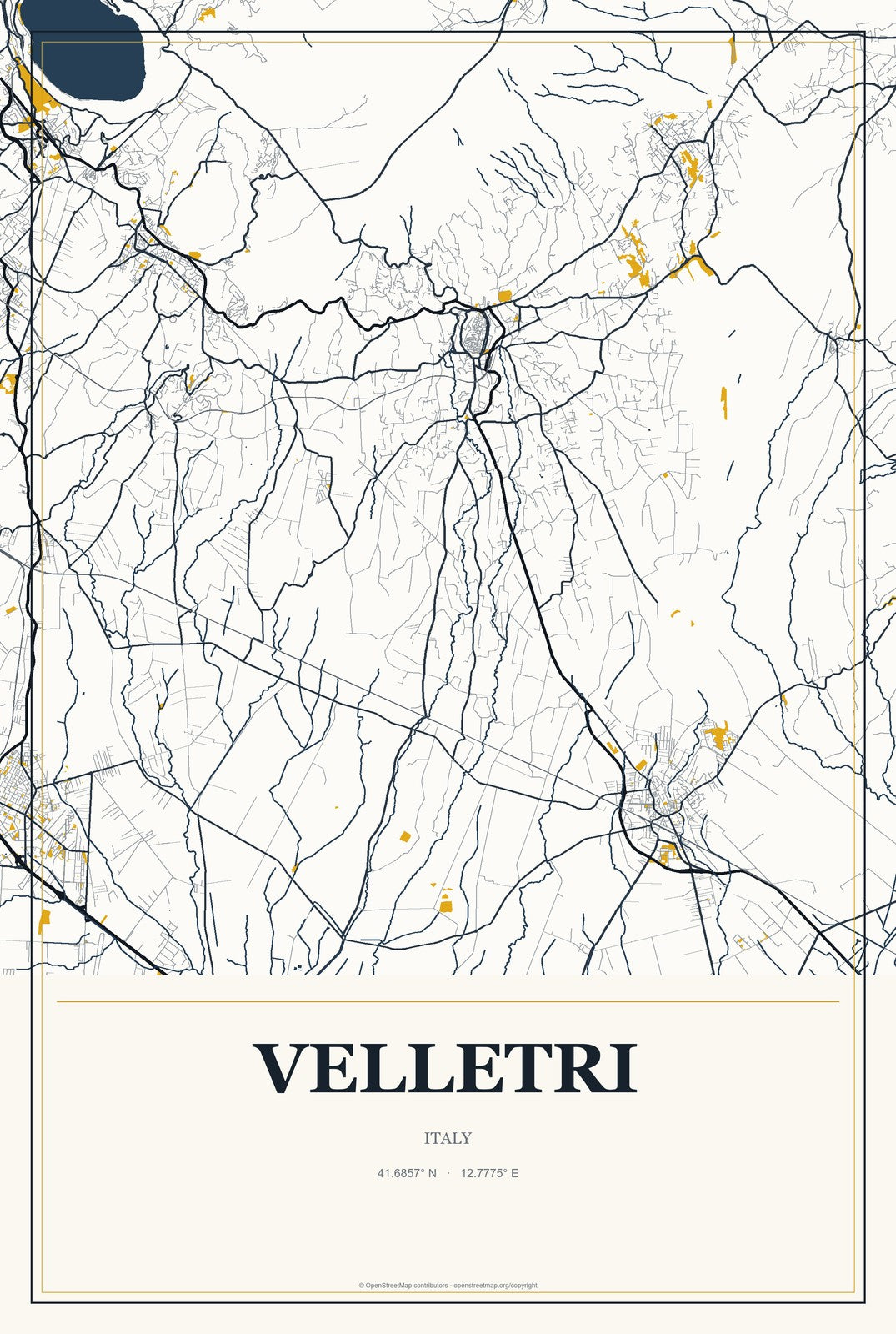 Velletri, Italy City Map Aluminum Sign in Citrine Modern style