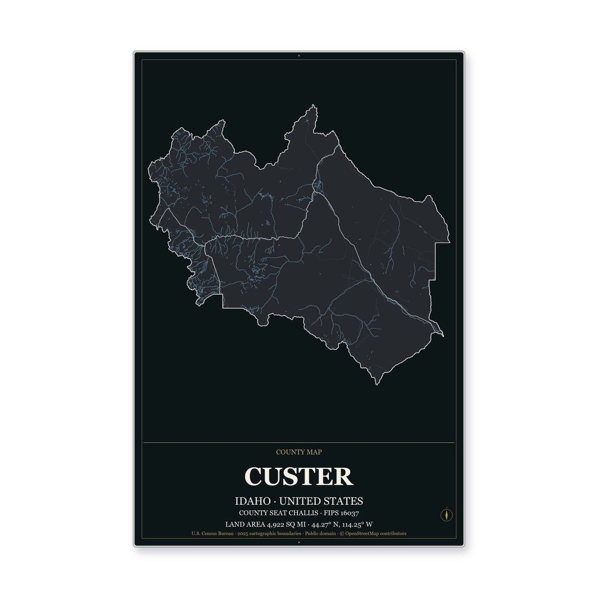 Custer County, Idaho Map Aluminum Sign in Metropolitan Noir style