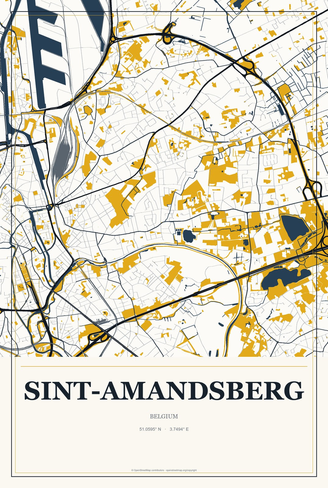 Sint-Amandsberg, Belgium City Map Aluminum Sign in Citrine Modern style