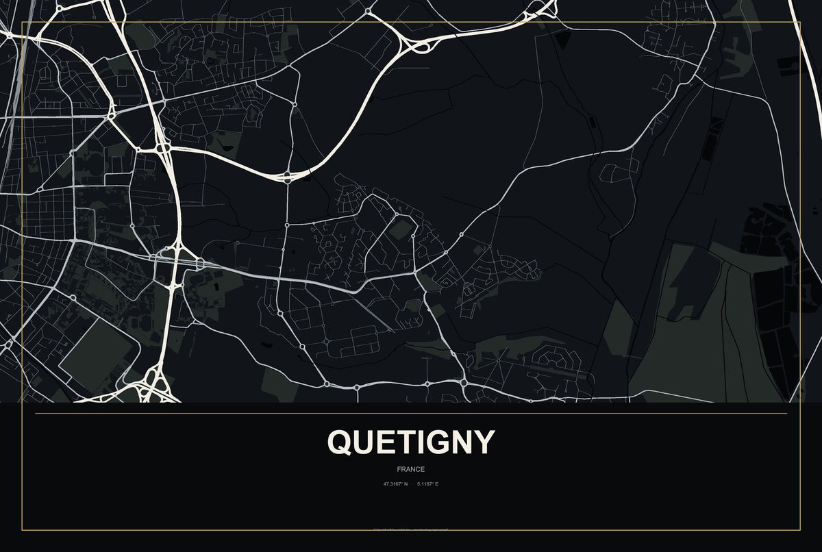 Quetigny, France City Map Aluminum Sign in Metropolitan Noir style