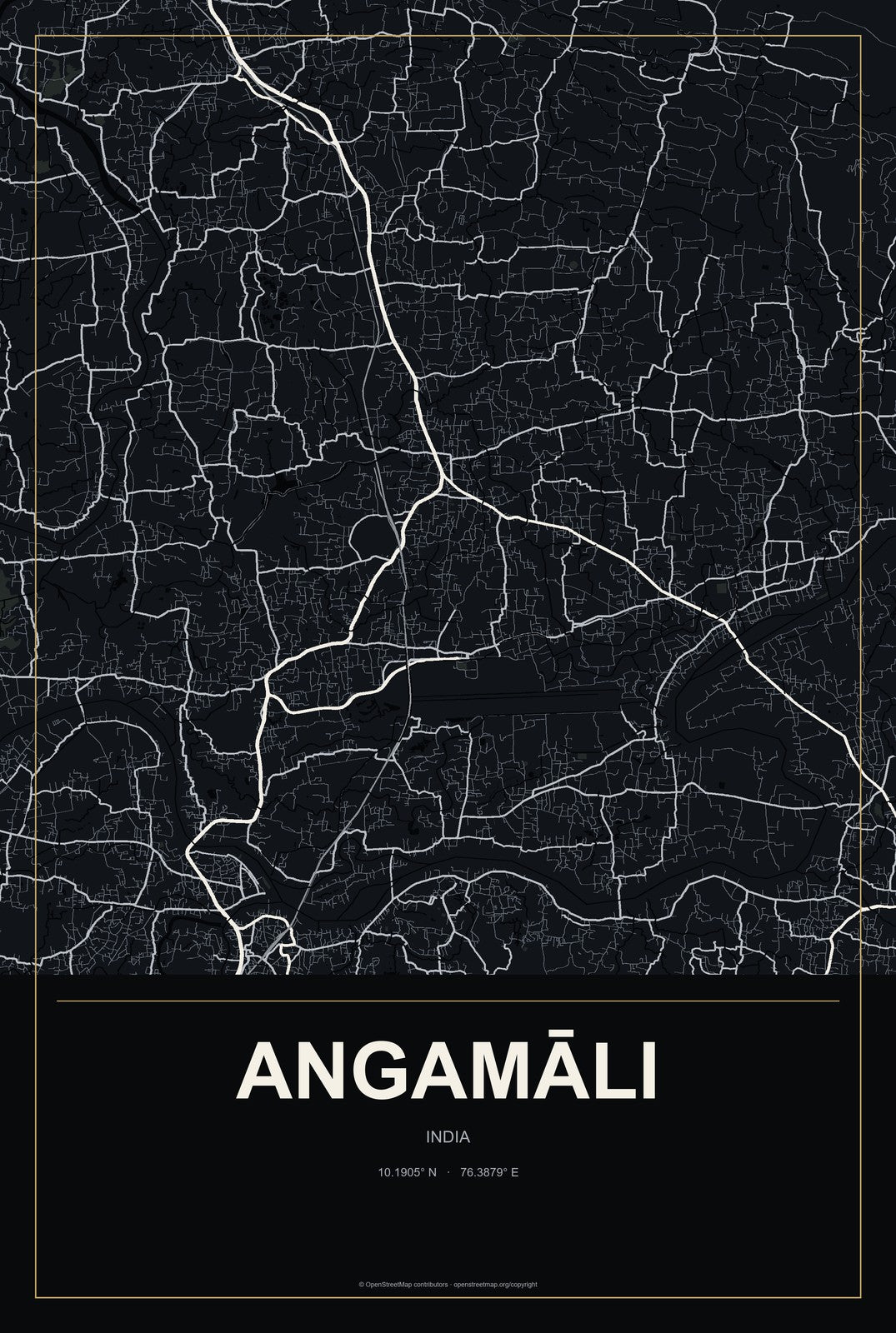 Angamāli, India City Map Aluminum Sign in Metropolitan Noir style