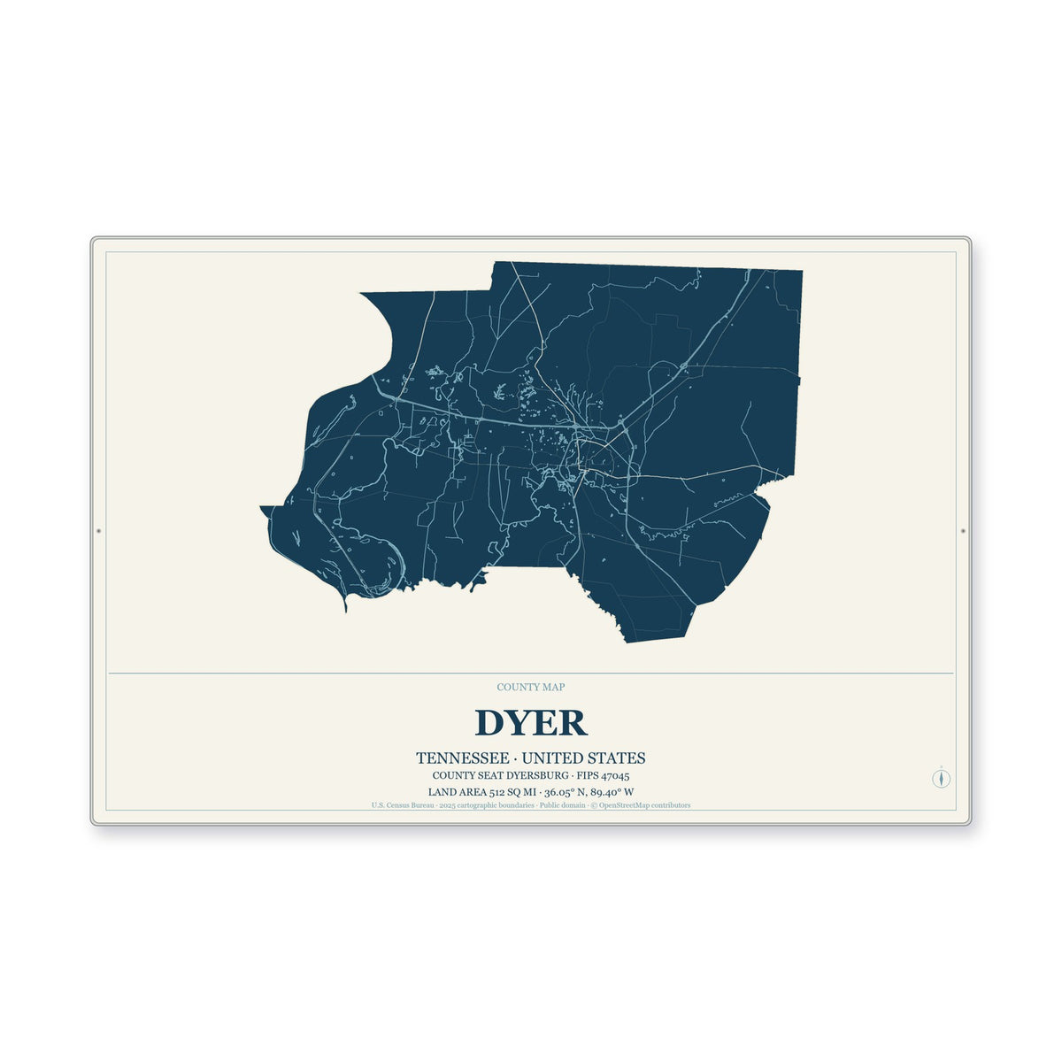 Dyer County, Tennessee Map Aluminum Sign in Coastal Cutout style