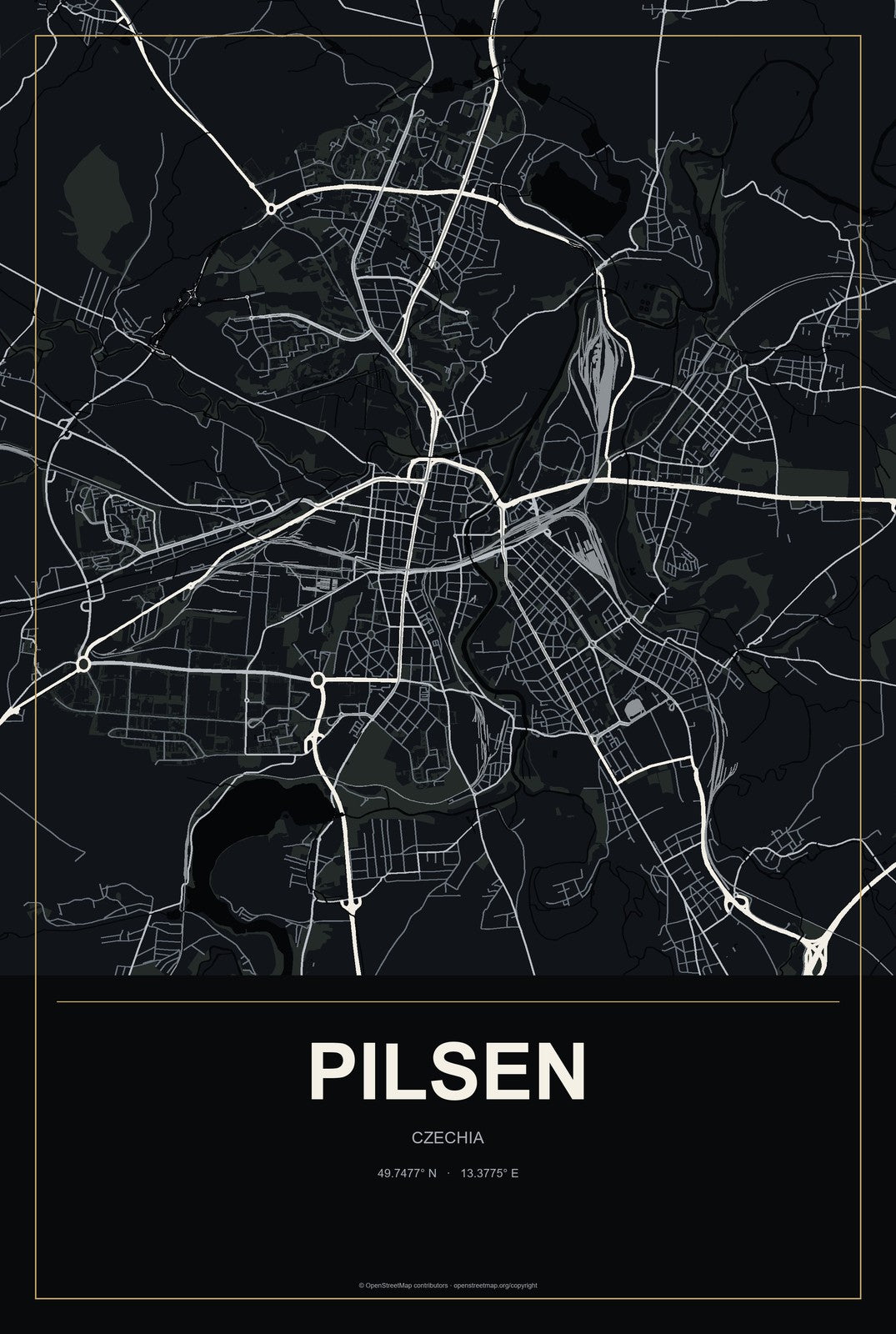 Pilsen, Czechia City Map Aluminum Sign in Metropolitan Noir style