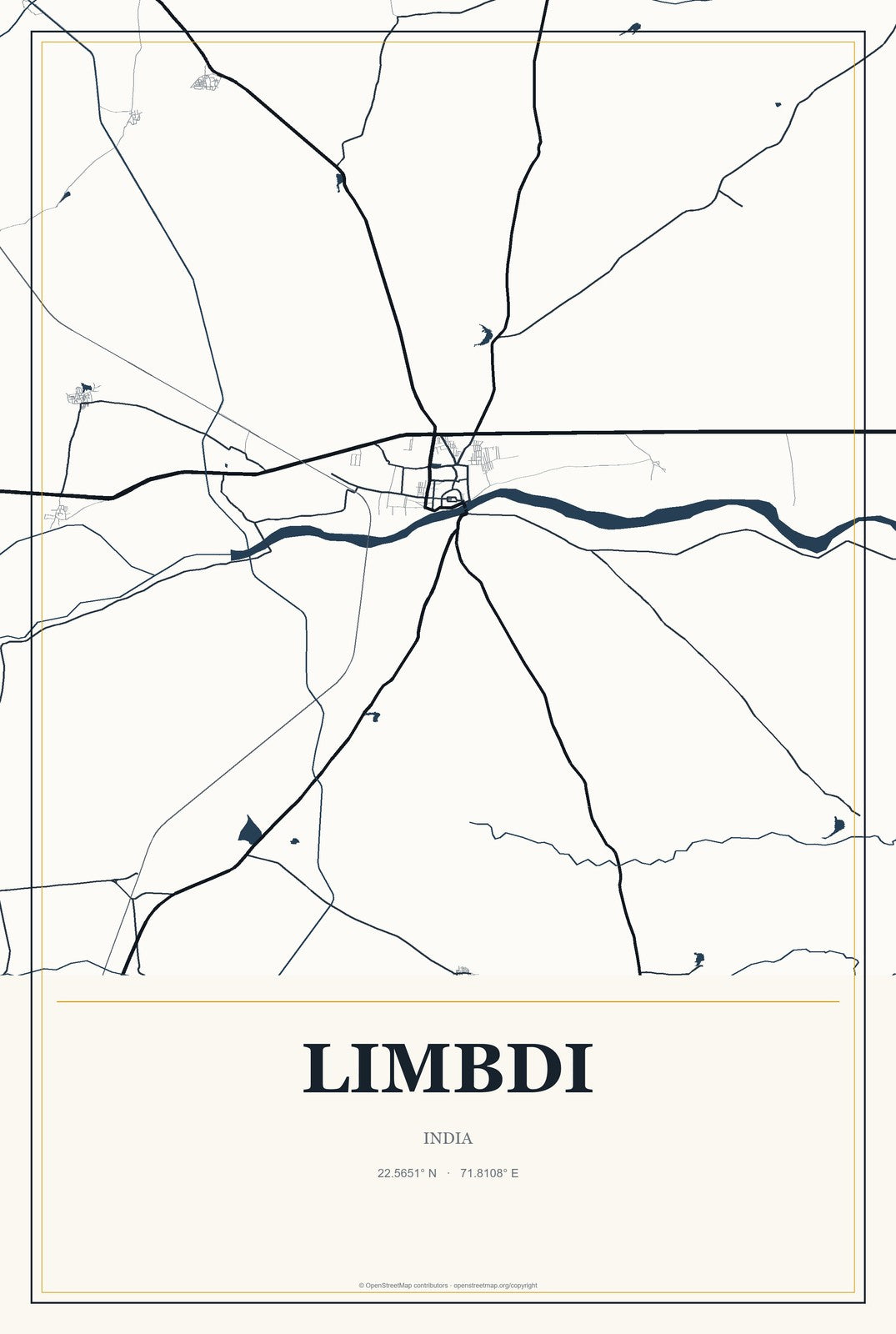 Limbdi, India City Map Aluminum Sign in Citrine Modern style