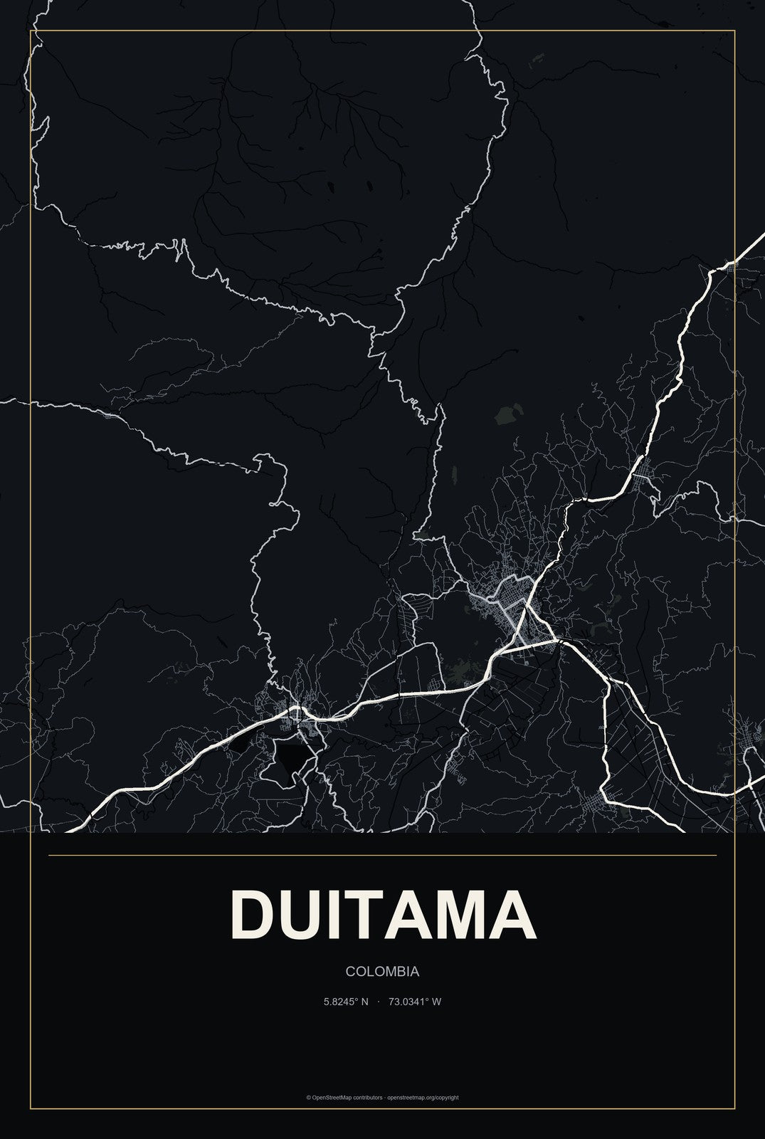 Duitama, Colombia City Map Aluminum Sign in Metropolitan Noir style