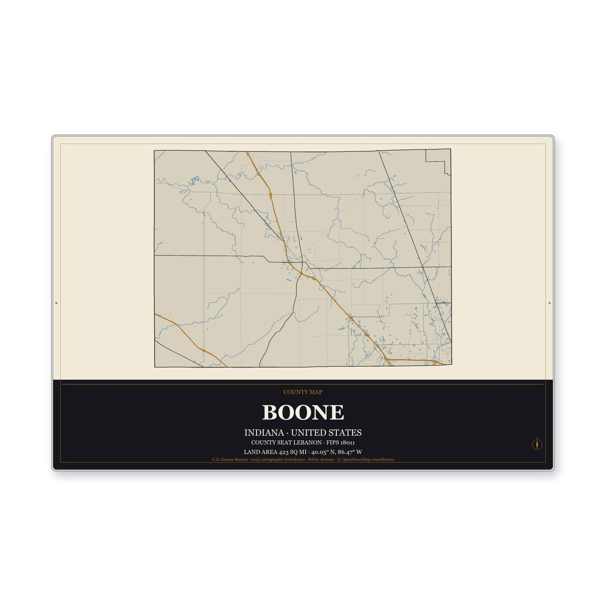 Boone County, Indiana Map Aluminum Sign in Museum Plaque style