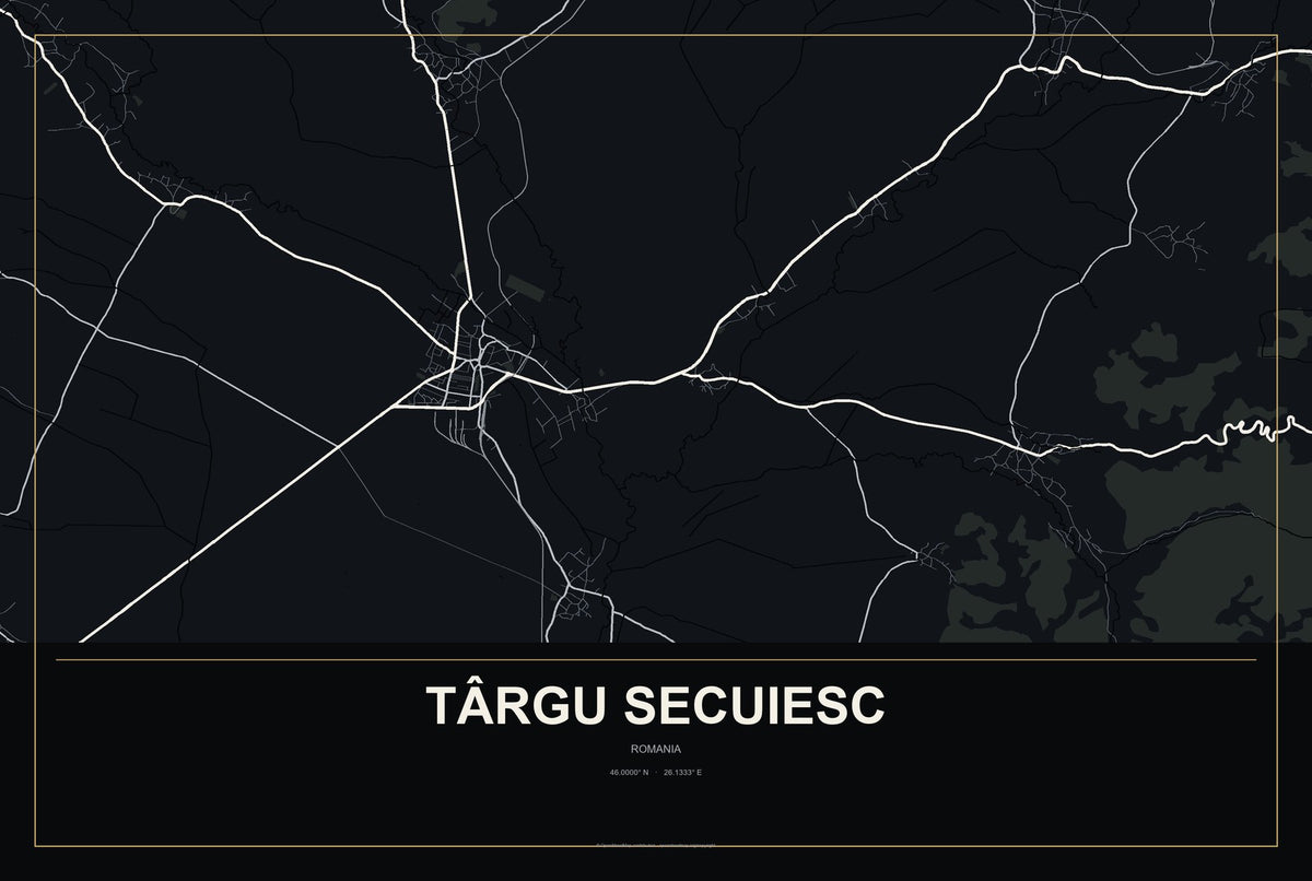 Târgu Secuiesc, Romania City Map Aluminum Sign in Metropolitan Noir style
