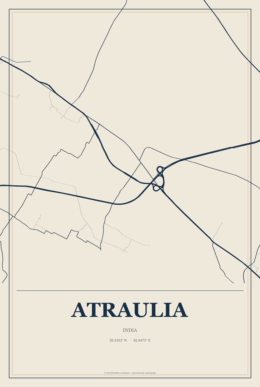 Atraulia, India City Map Aluminum Sign in Coastal Cutout style