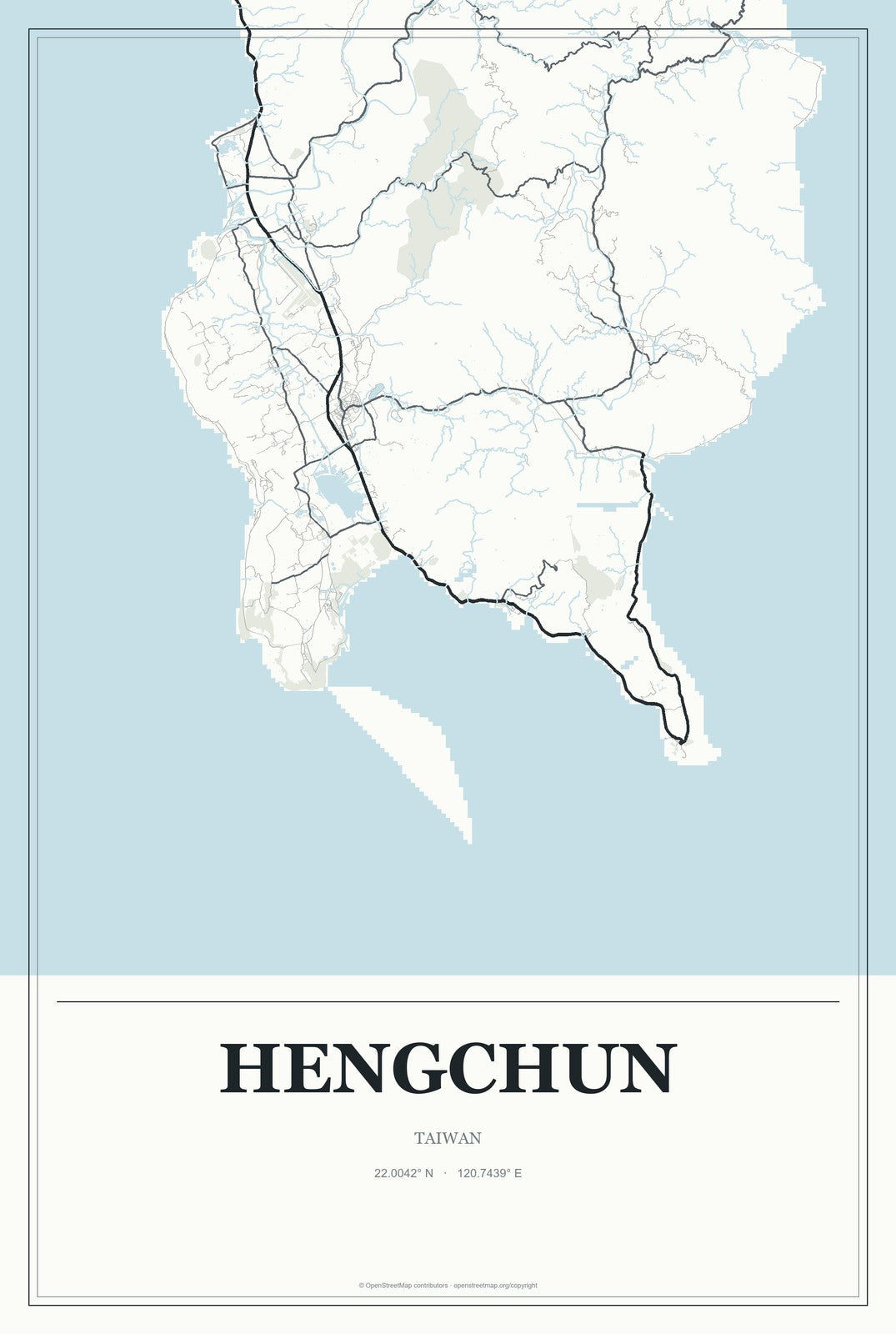 Hengchun, Taiwan City Map Aluminum Sign in Gallery Air style