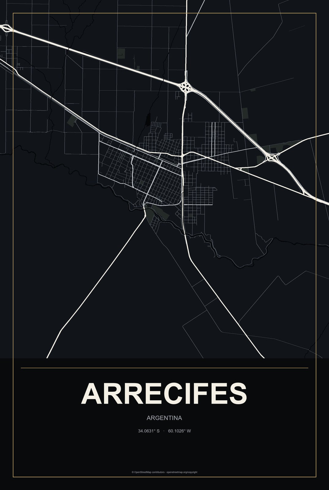 Arrecifes, Argentina City Map Aluminum Sign in Metropolitan Noir style