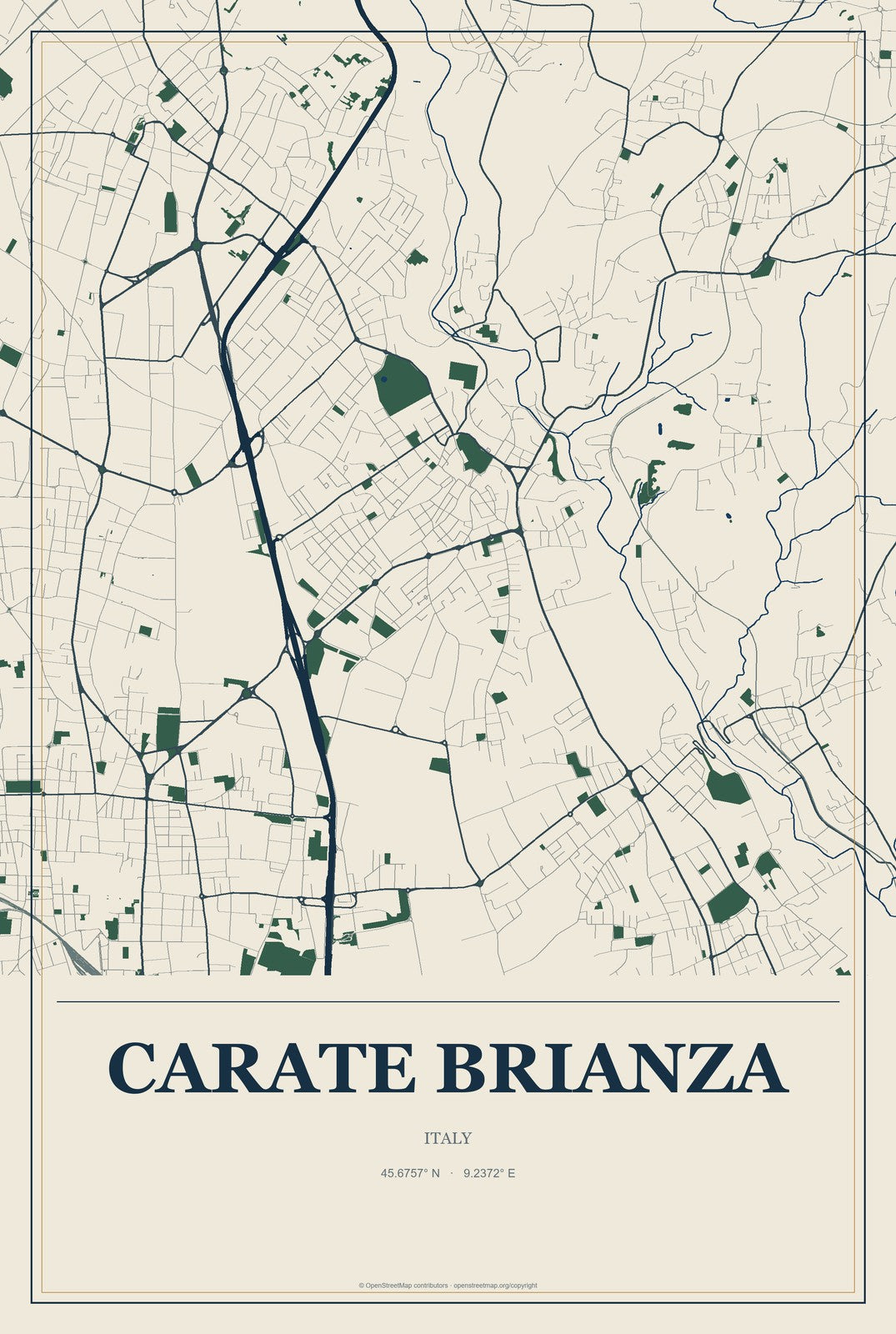 Carate Brianza, Italy City Map Aluminum Sign in Coastal Cutout style