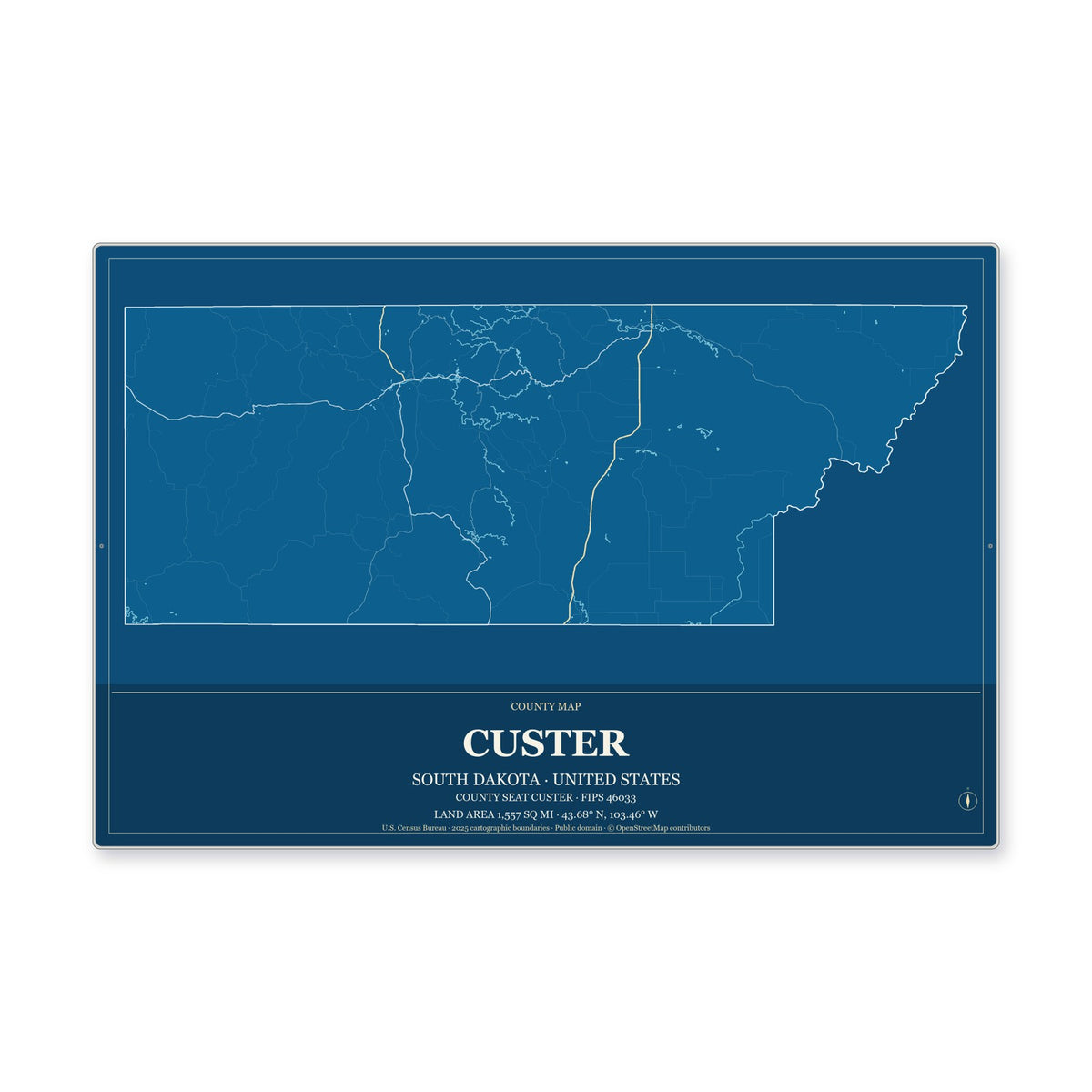 Custer County, South Dakota Map Aluminum Sign in Harbor Cobalt style