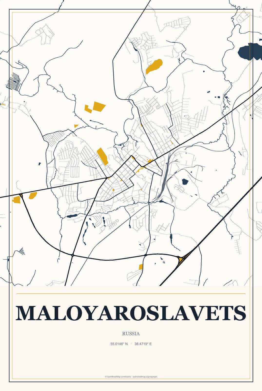 Maloyaroslavets, Russia City Map Aluminum Sign in Citrine Modern style