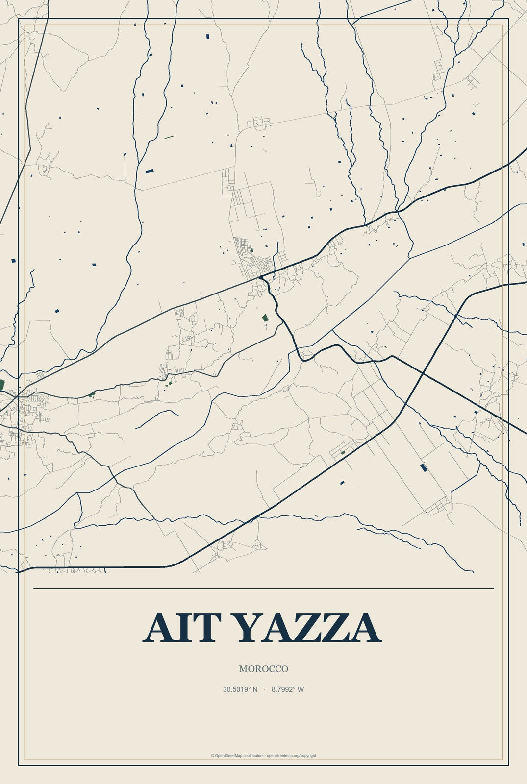 Ait Yazza, Morocco City Map Aluminum Sign in Coastal Cutout style