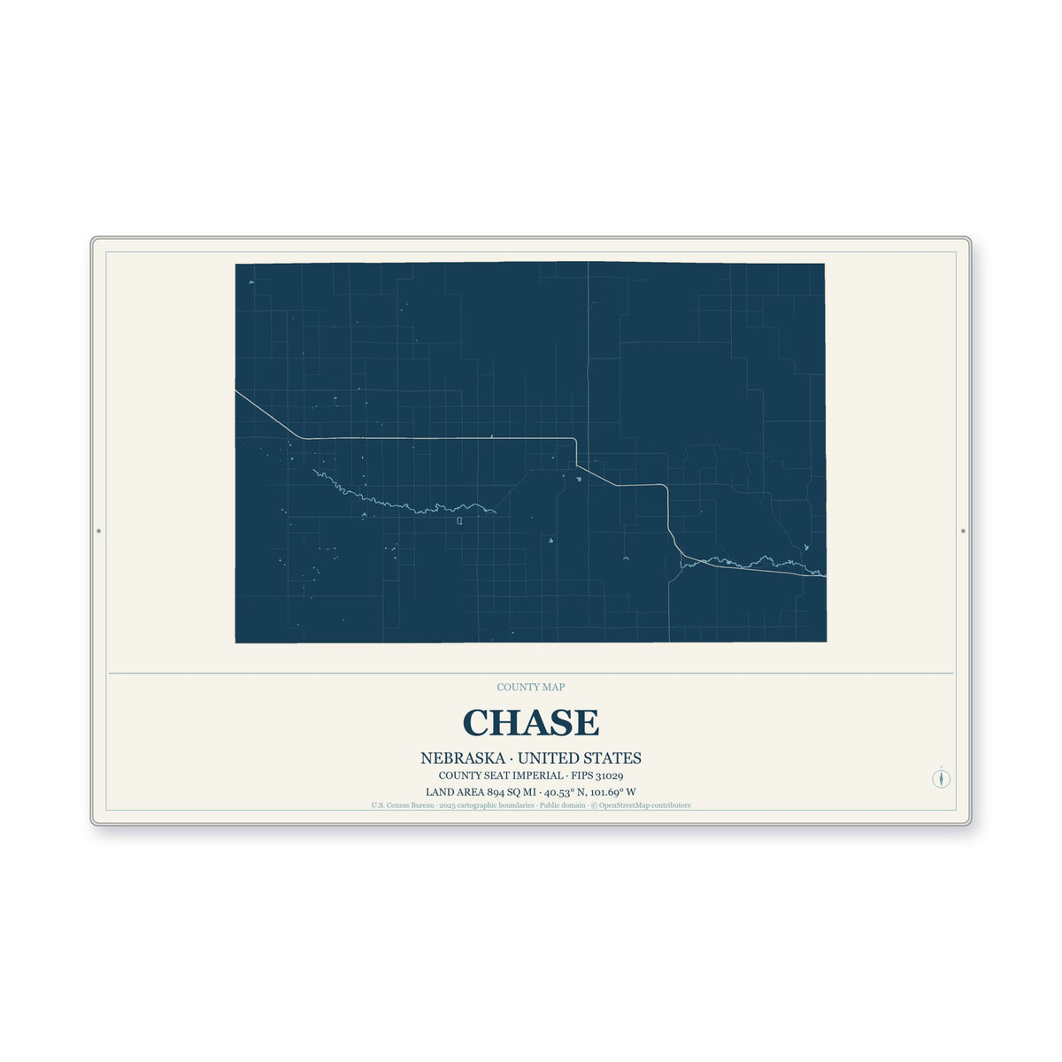 Chase County, Nebraska Map Aluminum Sign in Coastal Cutout style