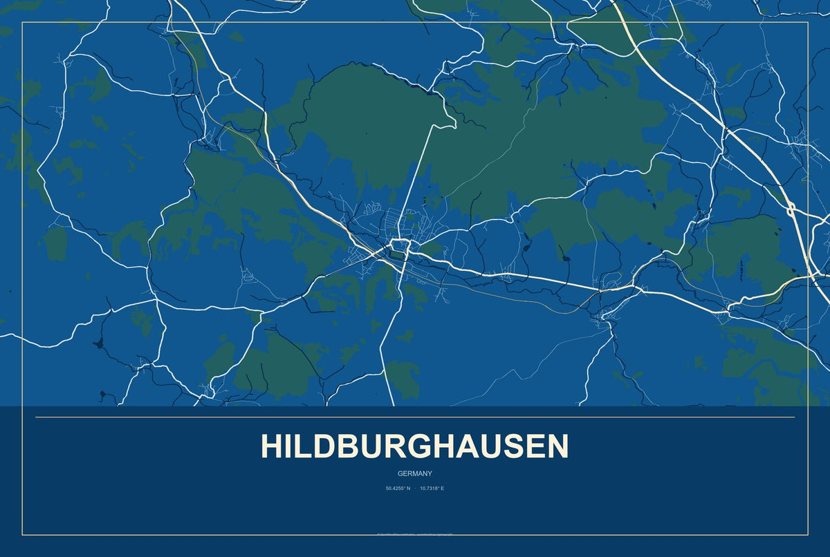 Hildburghausen, Germany City Map Aluminum Sign in Harbor Cobalt style