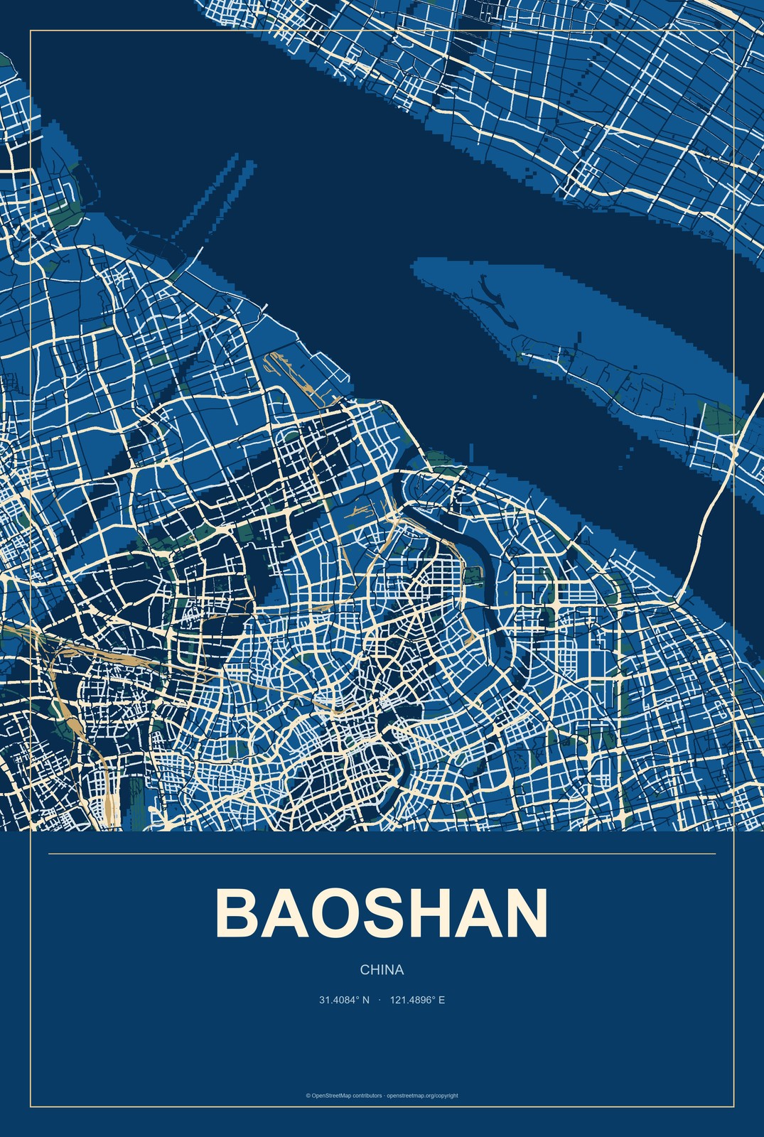 Baoshan, Heilongjiang, China City Map Aluminum Sign in Harbor Cobalt style