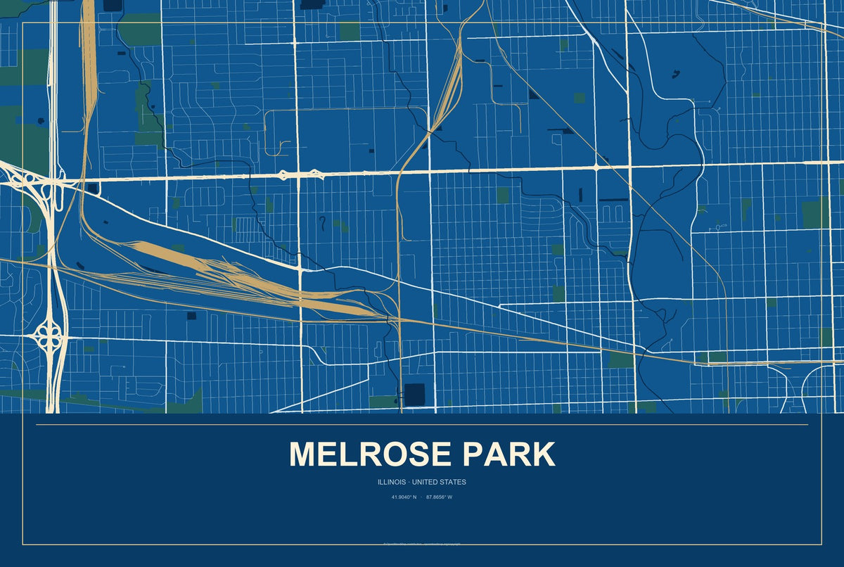 Melrose Park, Illinois City Map Aluminum Sign in Harbor Cobalt style