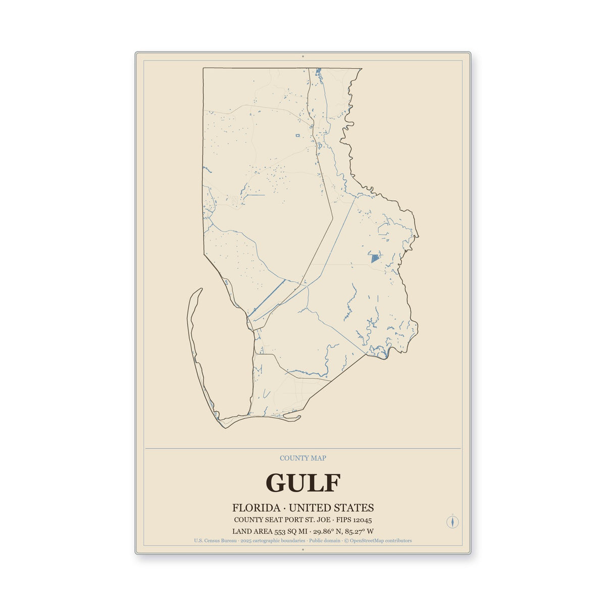 Gulf County, Florida Map Aluminum Sign in Heritage Nautical style