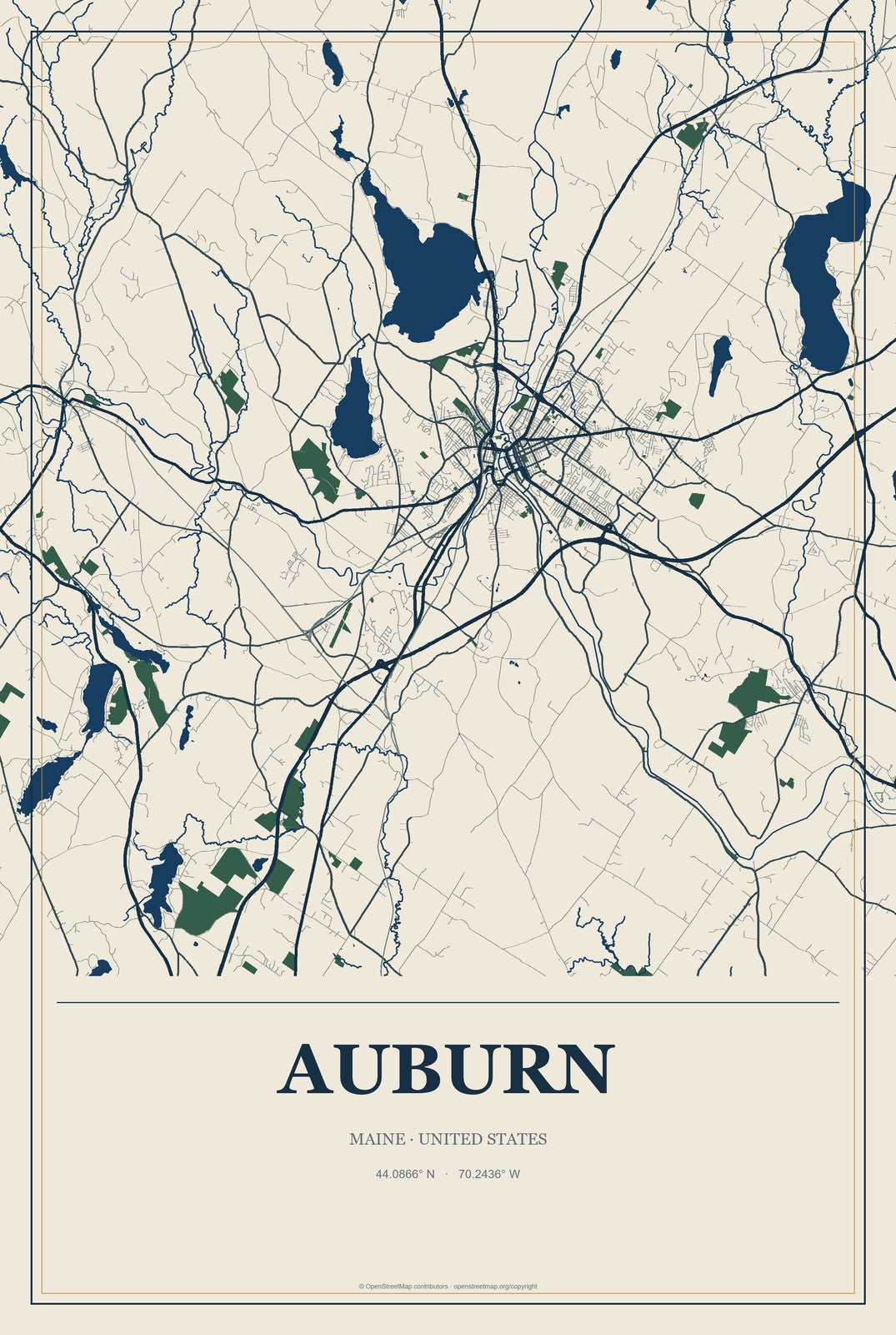Auburn, Maine City Map Aluminum Sign in Coastal Cutout style