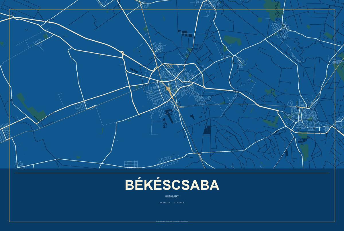 Békéscsaba, Hungary City Map Aluminum Sign in Harbor Cobalt style