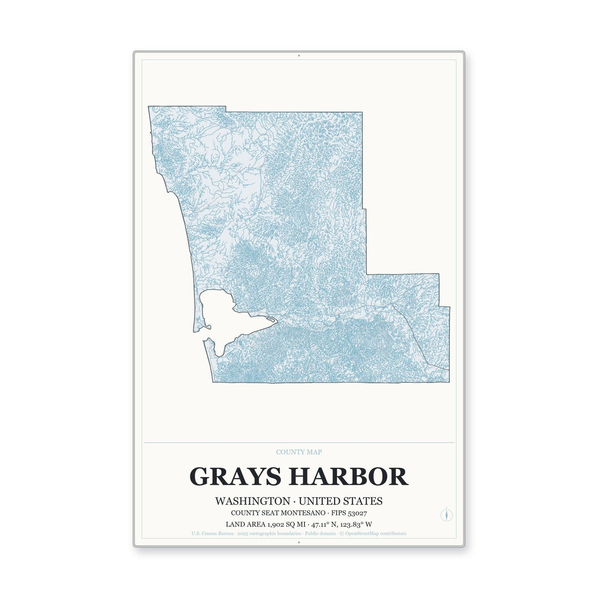 Grays Harbor County, Washington Map Aluminum Sign in Gallery Air style