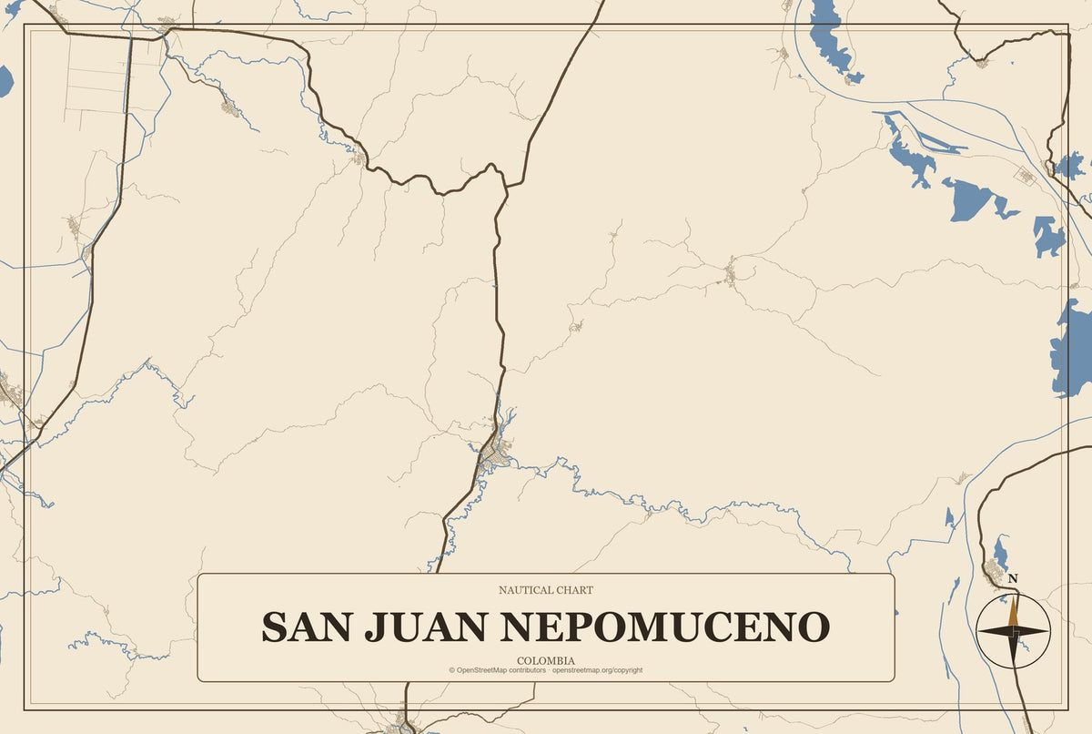 San Juan Nepomuceno, Colombia City Map Aluminum Sign in Heritage Nautical style