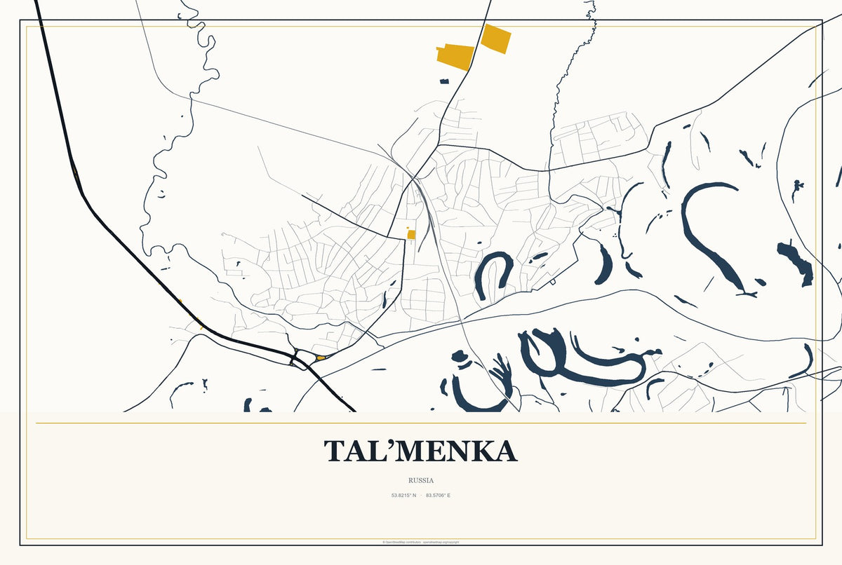 Tal’menka, Russia City Map Aluminum Sign in Citrine Modern style