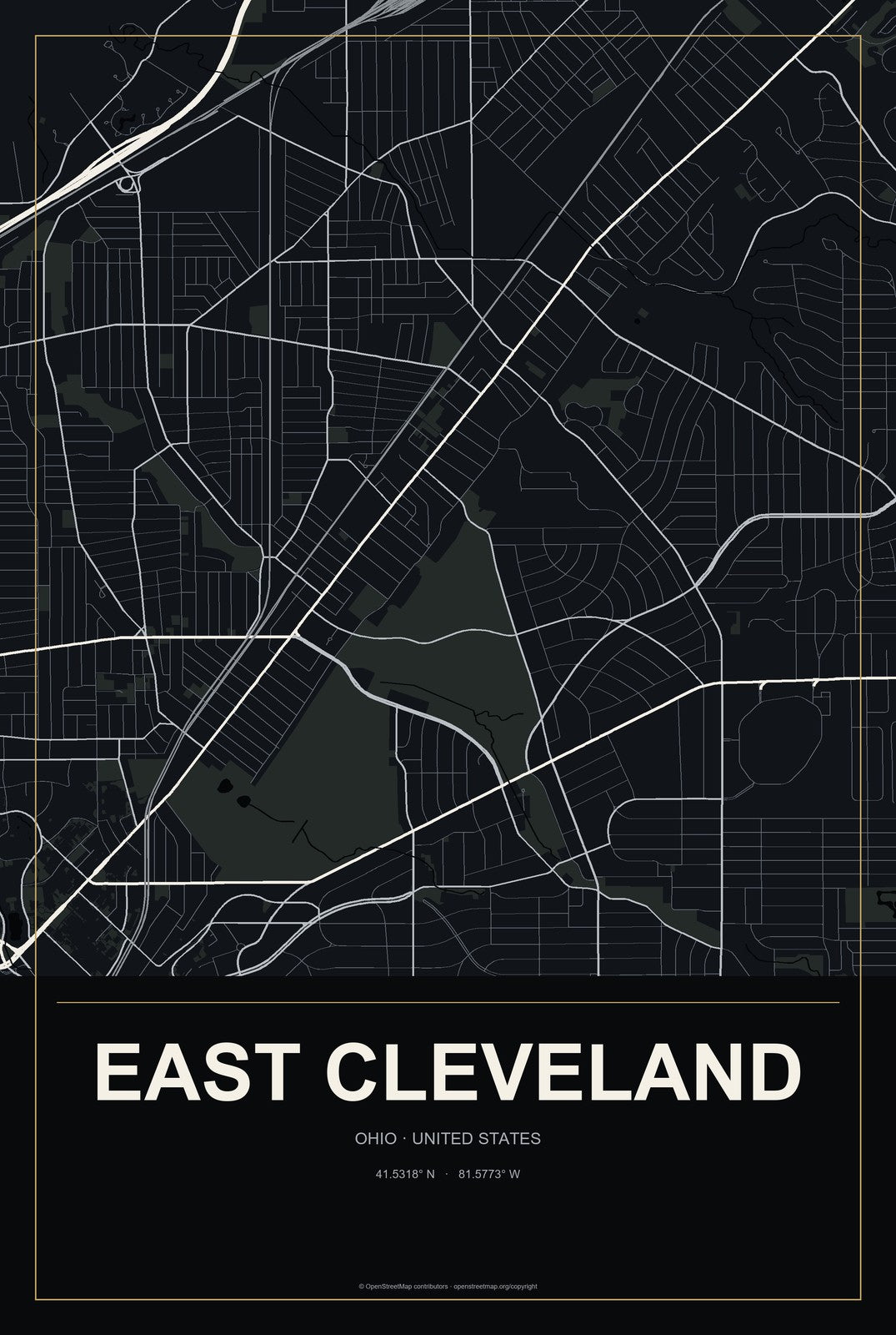 East Cleveland, Ohio City Map Aluminum Sign in Metropolitan Noir style