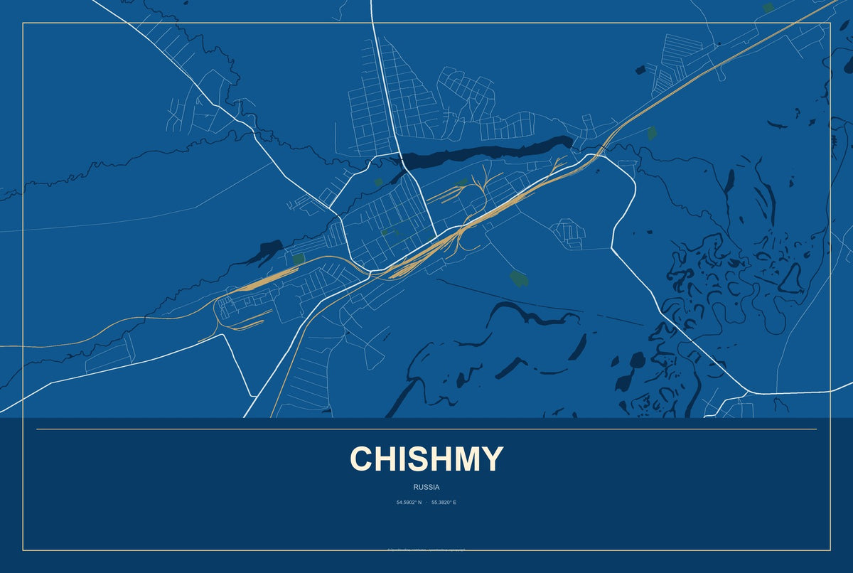 Chishmy, Russia City Map Aluminum Sign in Harbor Cobalt style