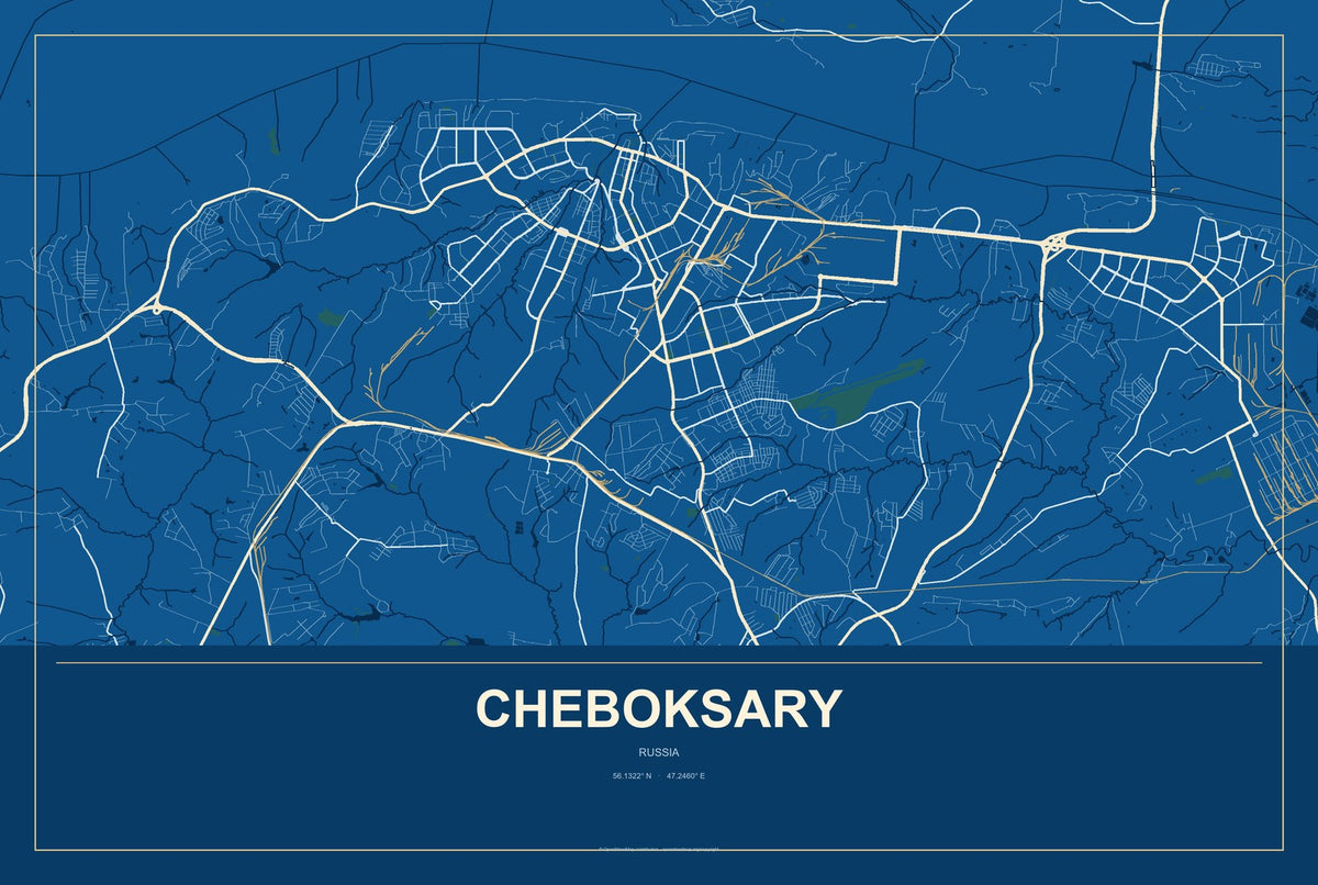 Cheboksary, Russia City Map Aluminum Sign in Harbor Cobalt style