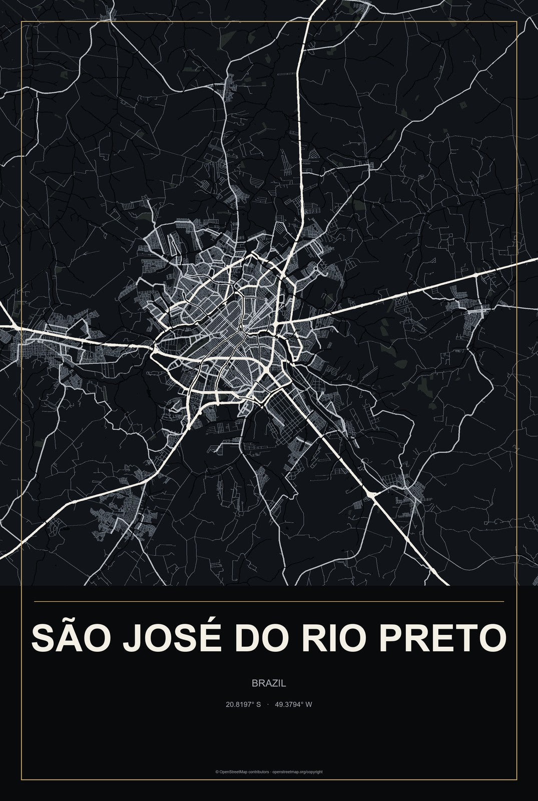 São José do Rio Preto, Brazil City Map Aluminum Sign in Metropolitan Noir style