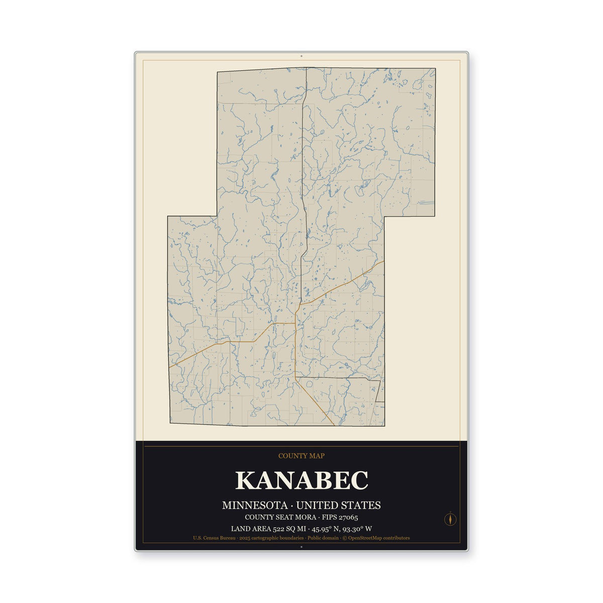 Kanabec County, Minnesota Map Aluminum Sign in Museum Plaque style