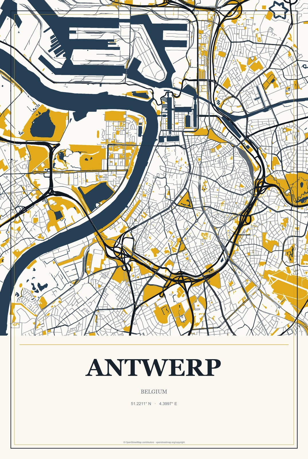 Antwerp, Belgium City Map Aluminum Sign in Citrine Modern style
