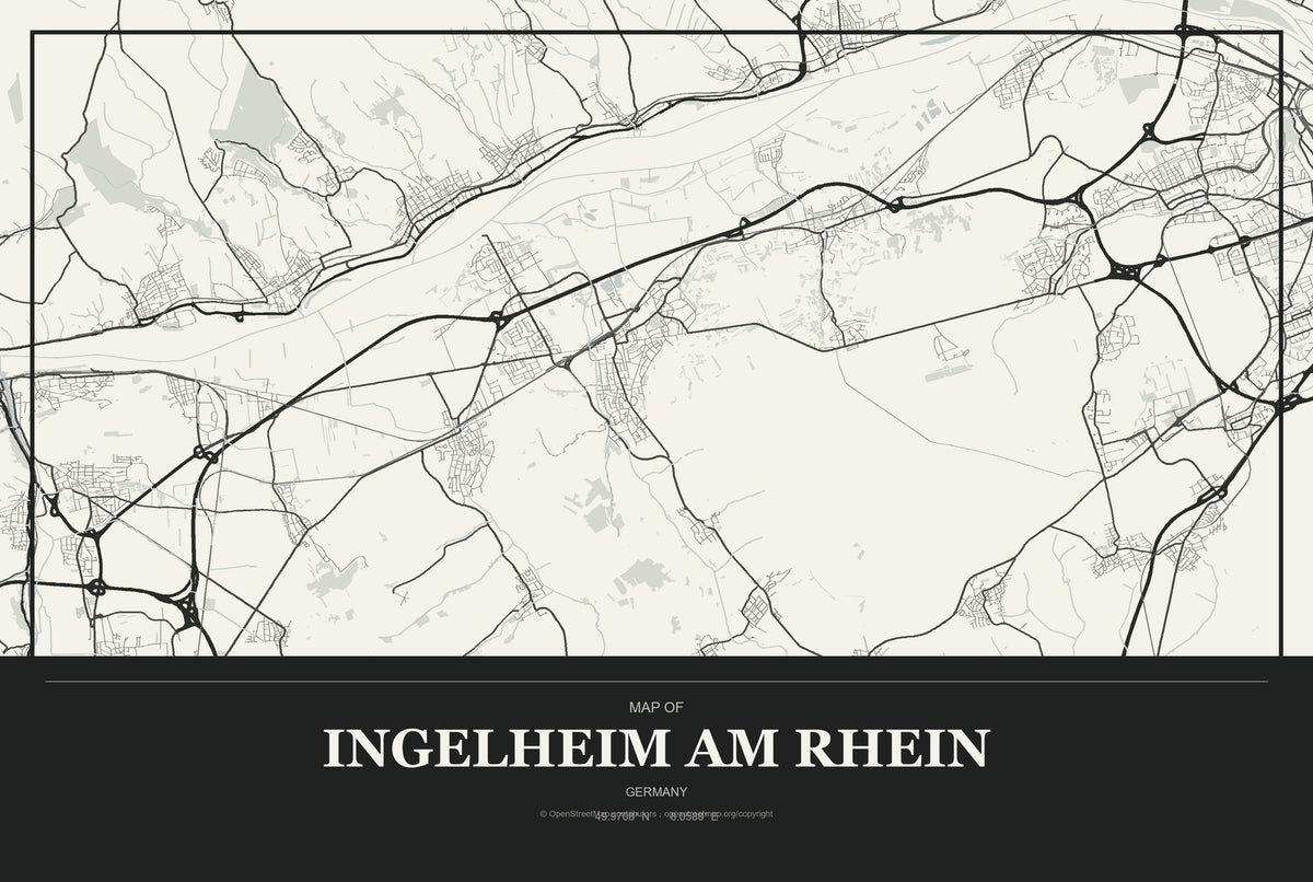 Ingelheim am Rhein, Germany City Map Aluminum Sign in Museum Plaque style
