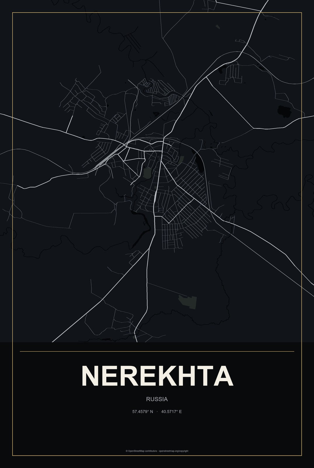 Nerekhta, Russia City Map Aluminum Sign in Metropolitan Noir style