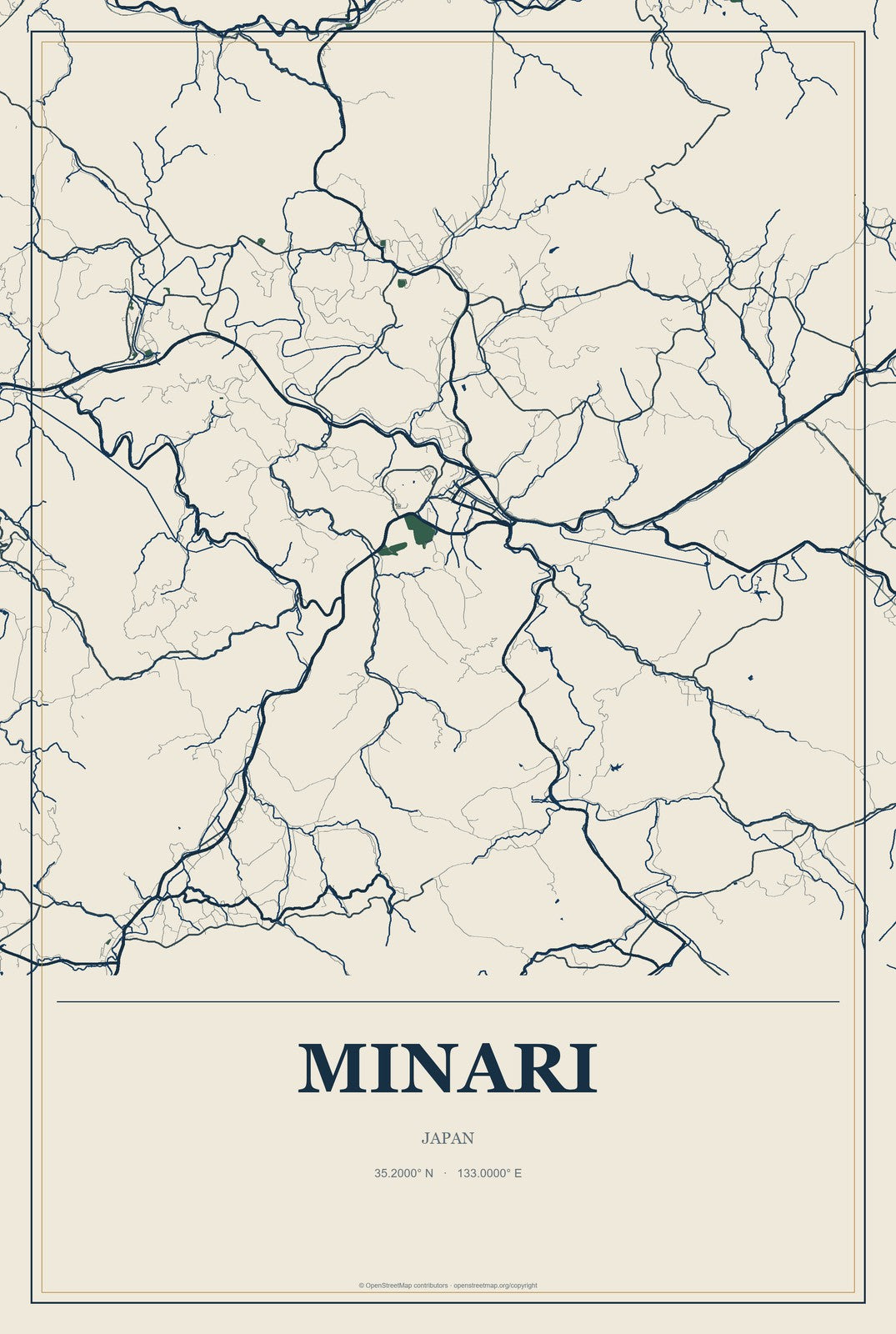 Minari, Japan City Map Aluminum Sign in Coastal Cutout style