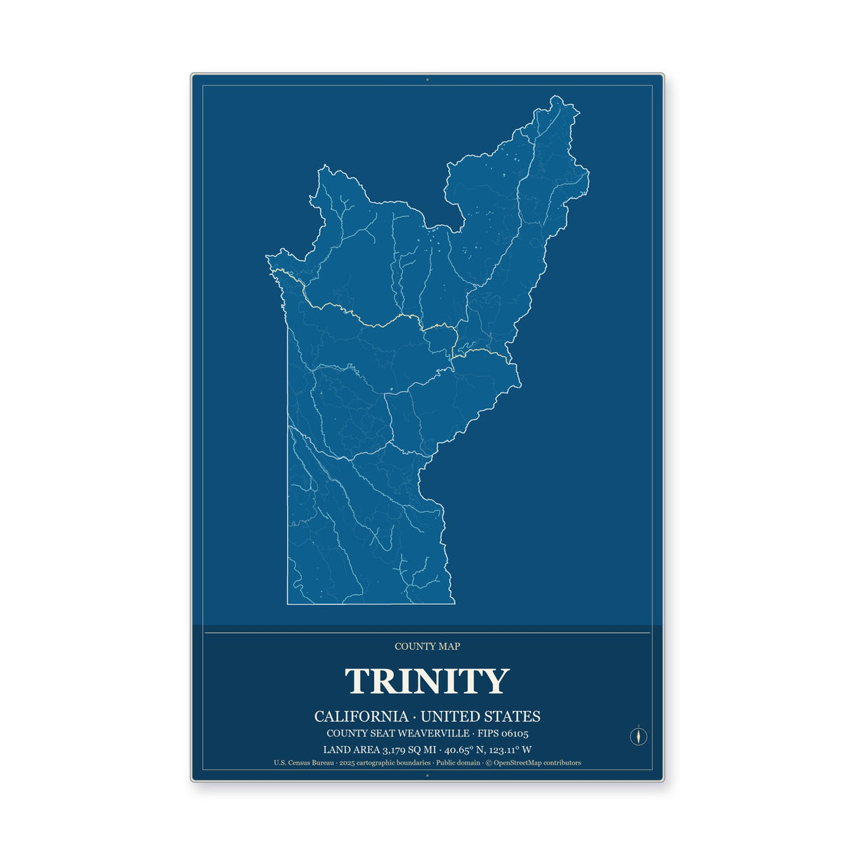 Trinity County, California Map Aluminum Sign in Harbor Cobalt style