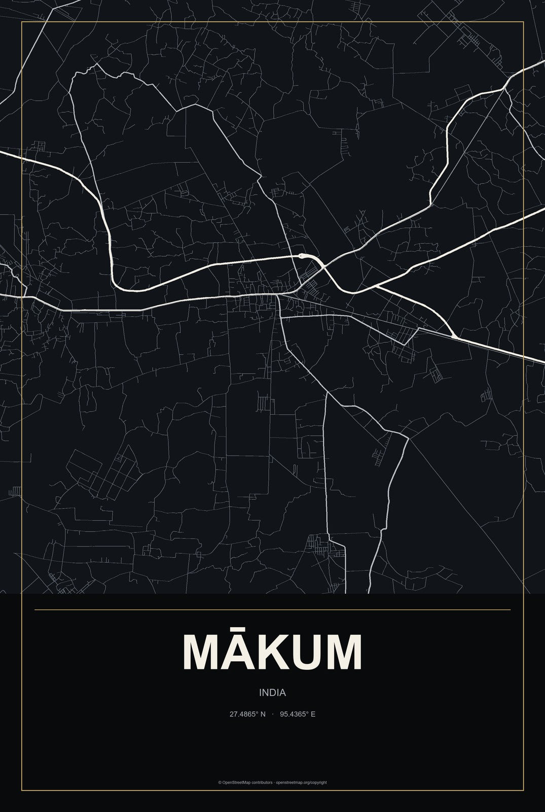 Mākum, India City Map Aluminum Sign in Metropolitan Noir style