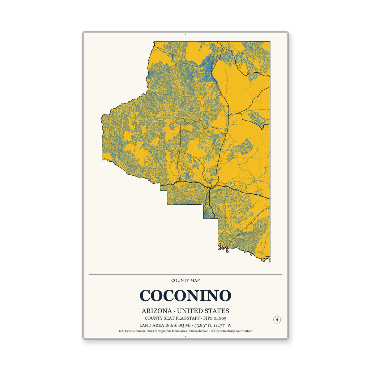 Coconino County, Arizona Map Aluminum Sign in Citrine Modern style
