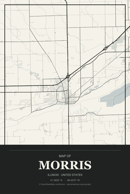 Morris, Illinois City Map Aluminum Sign in Museum Plaque style