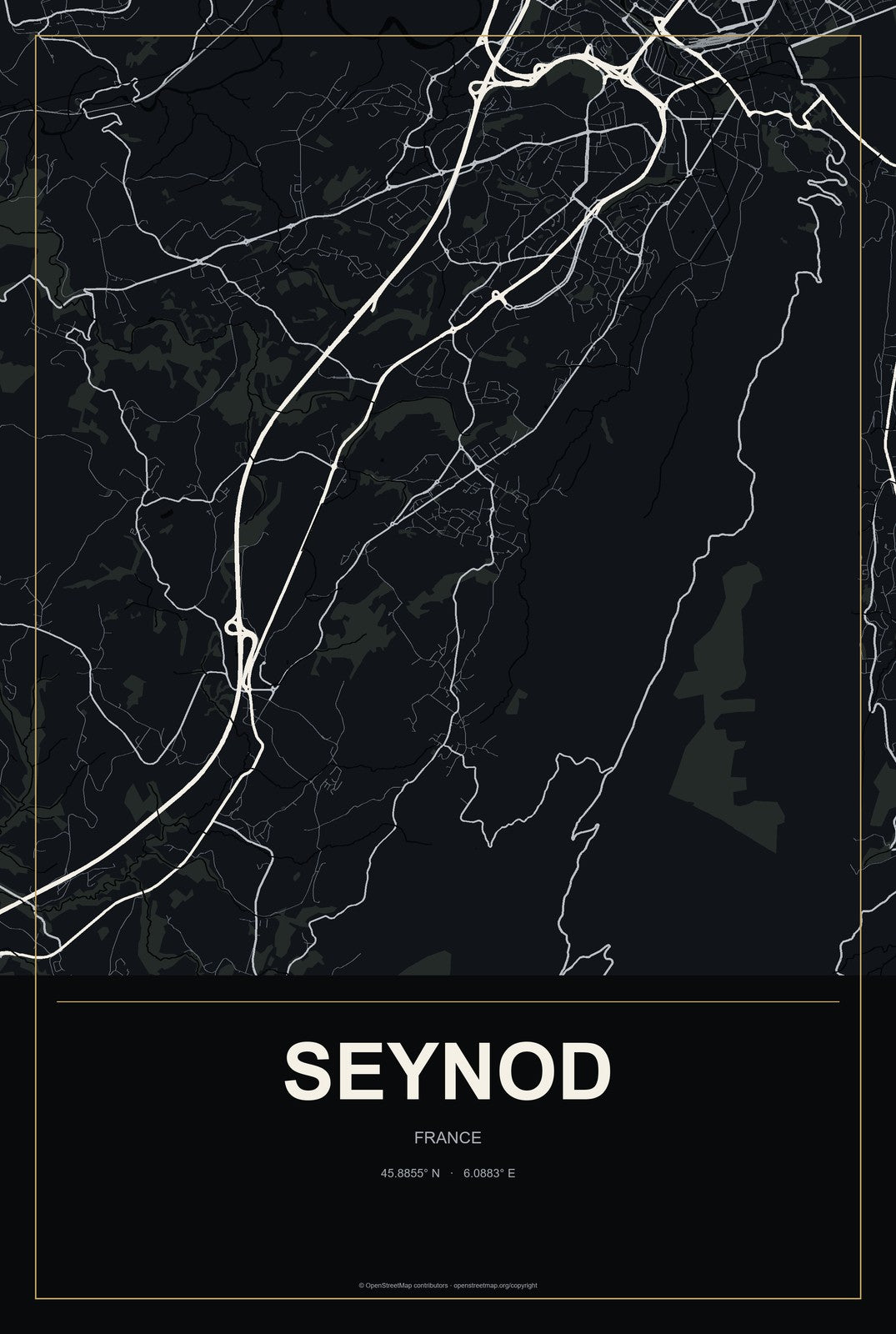 Seynod, France City Map Aluminum Sign in Metropolitan Noir style