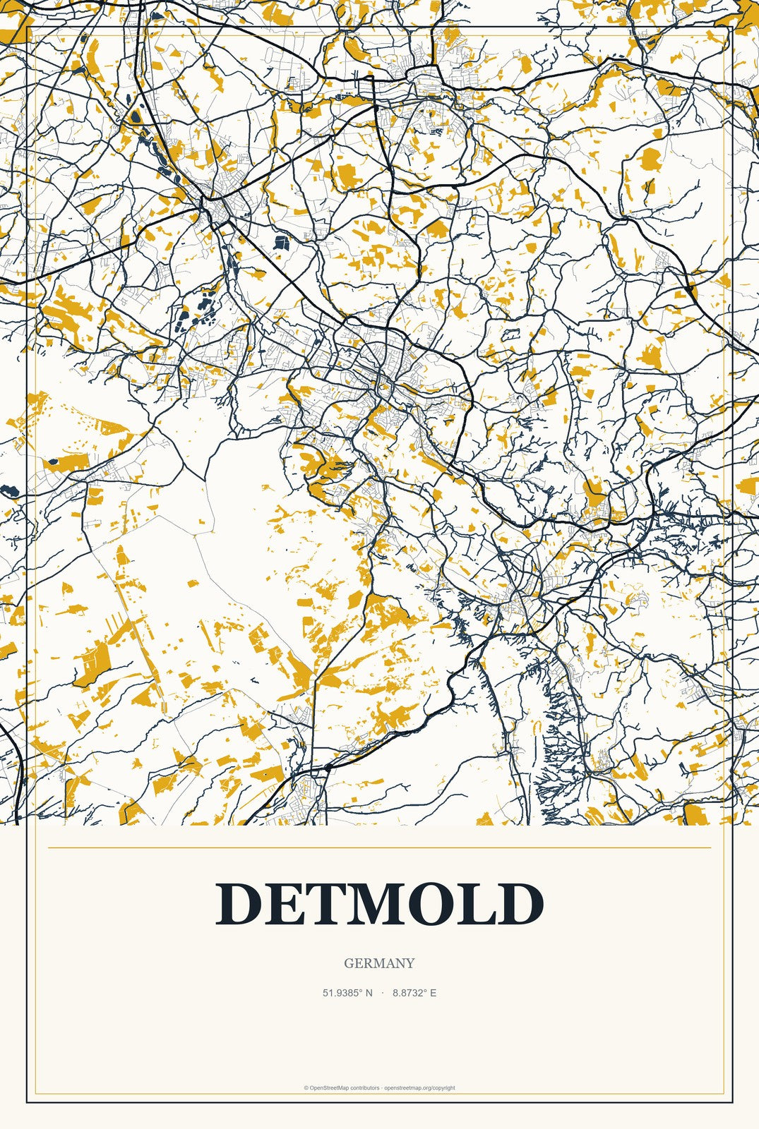 Detmold, Germany City Map Aluminum Sign in Citrine Modern style