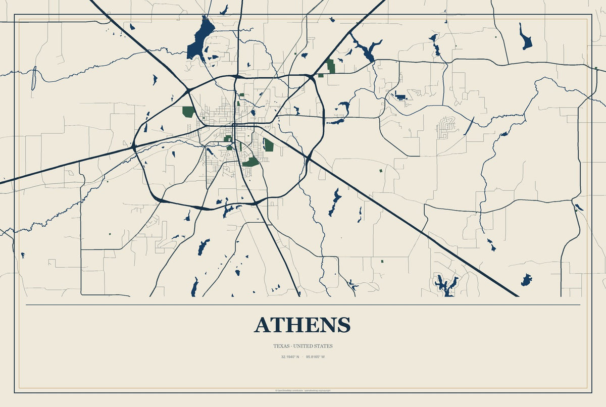 Athens, Texas City Map Aluminum Sign in Coastal Cutout style