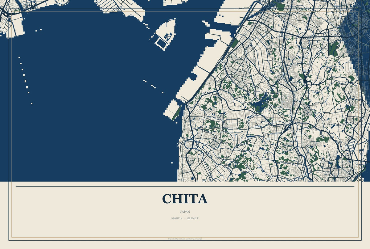 Chita, Japan City Map Aluminum Sign in Coastal Cutout style
