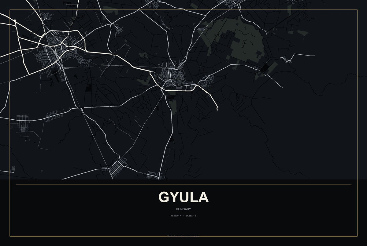 Gyula, Hungary City Map Aluminum Sign in Metropolitan Noir style