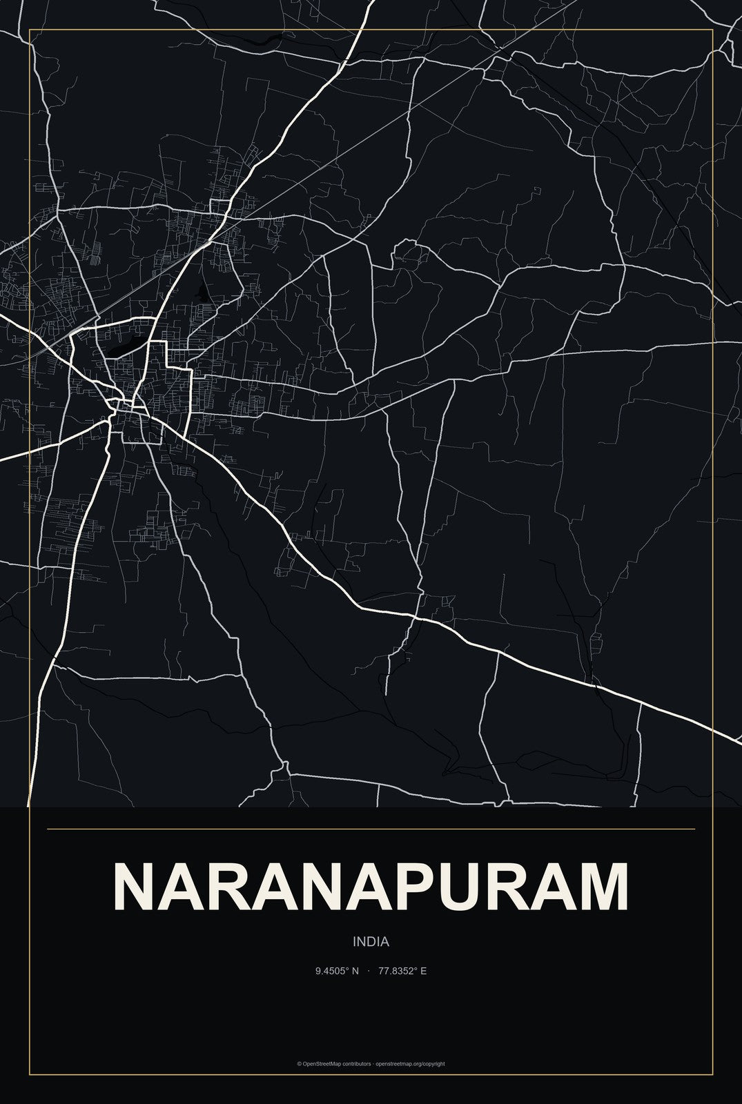 Naranapuram, India City Map Aluminum Sign in Metropolitan Noir style