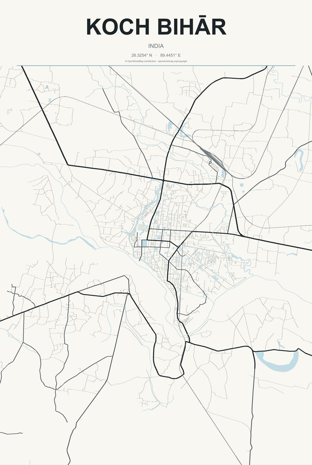 Koch Bihār, India City Map Aluminum Sign in Headline Atlas style