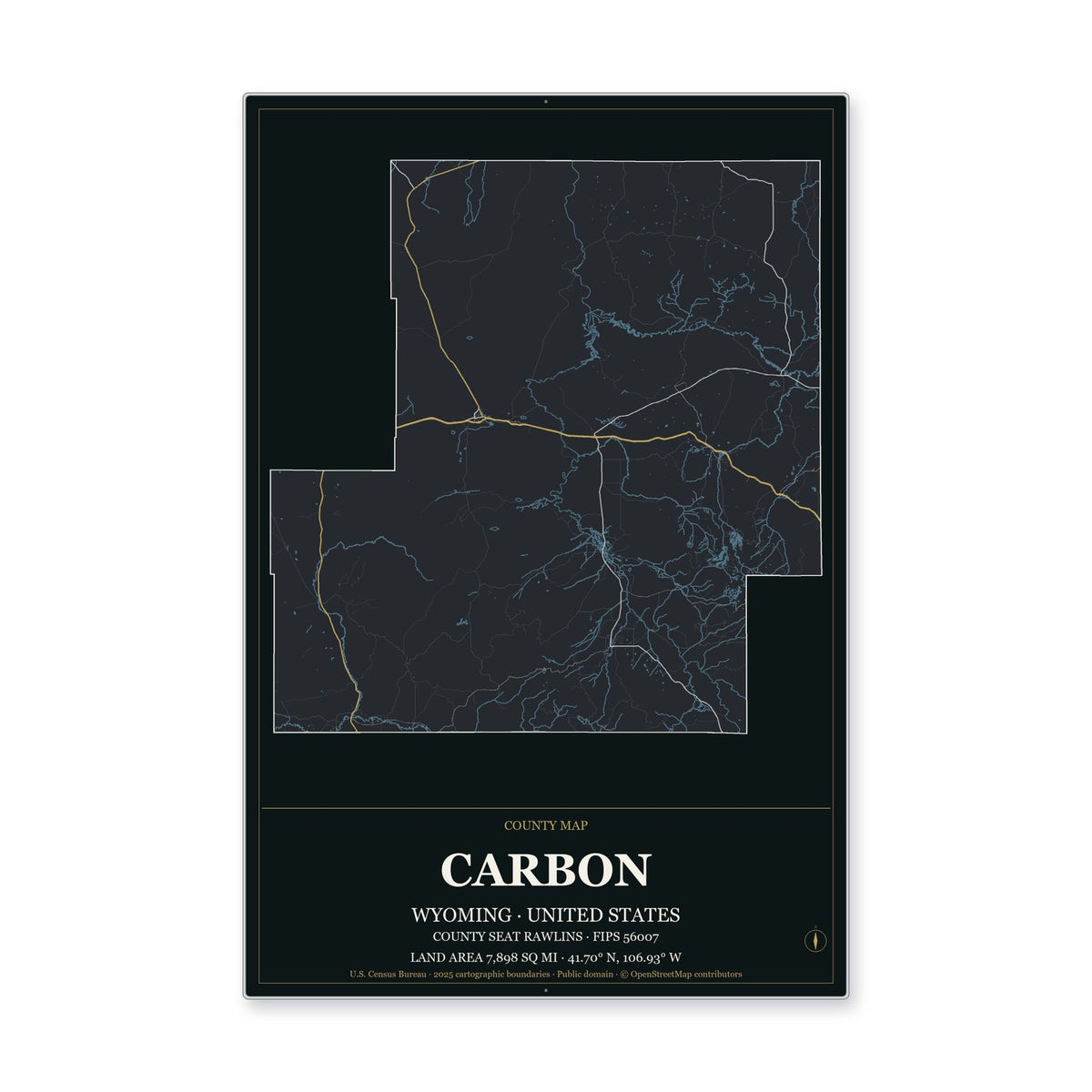 Carbon County, Wyoming Map Aluminum Sign in Metropolitan Noir style