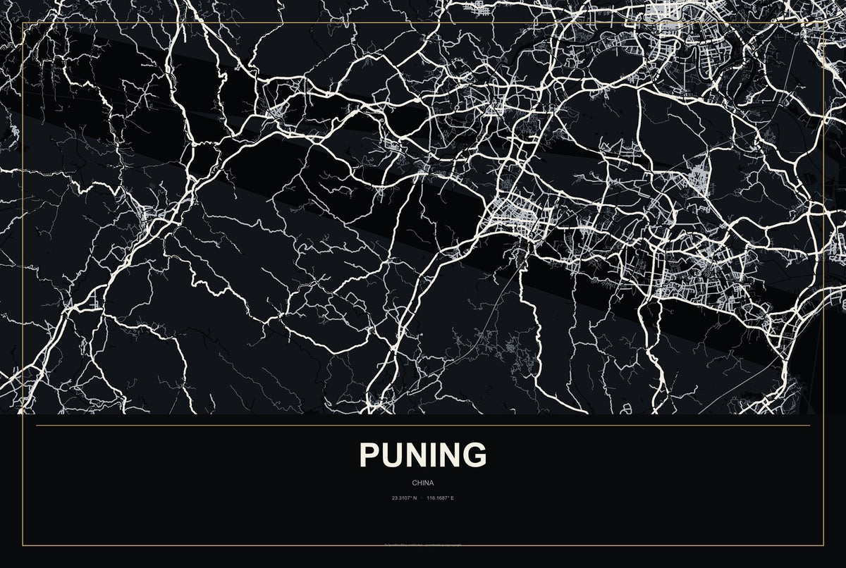 Puning, China City Map Aluminum Sign in Metropolitan Noir style